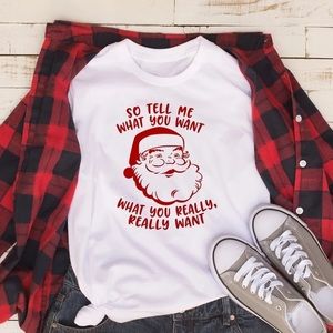 White What You Want Santa T-Shirt Graphic Tee New